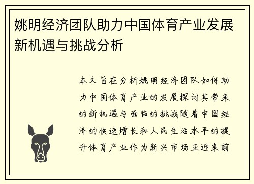 姚明经济团队助力中国体育产业发展新机遇与挑战分析